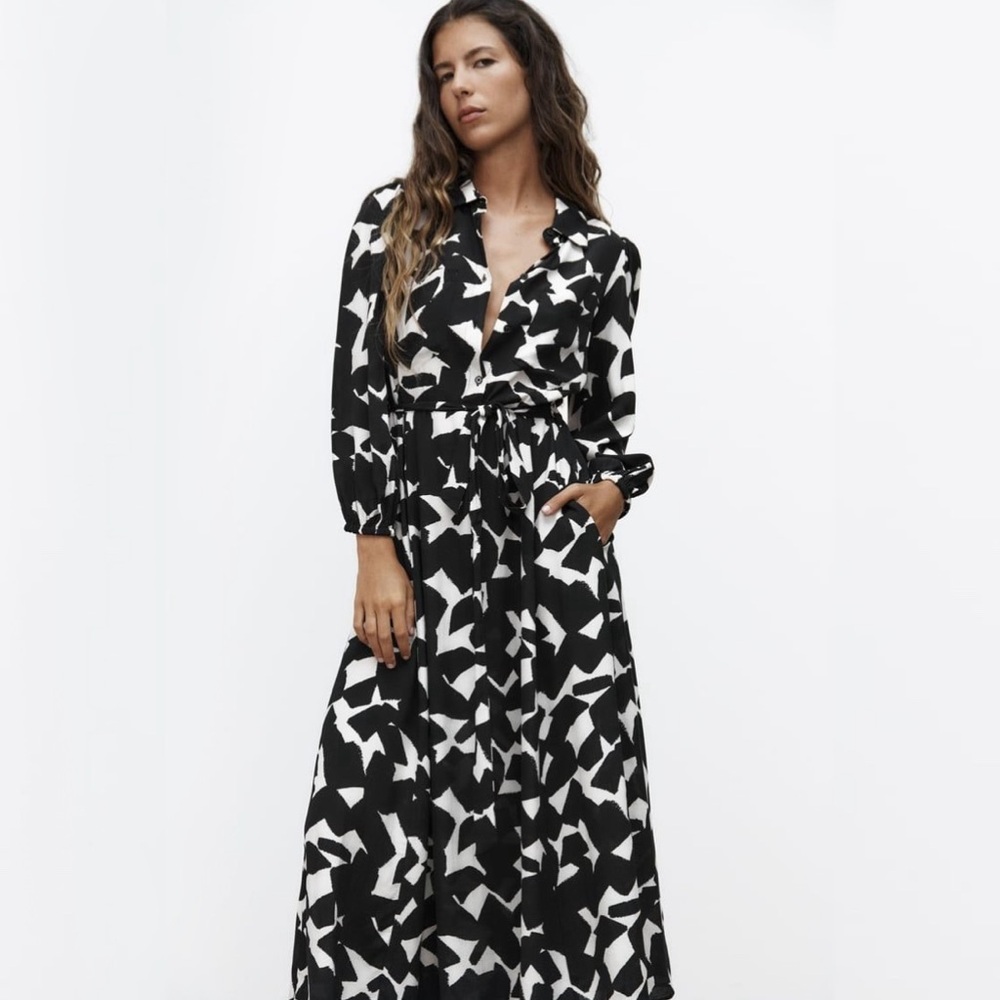 ZARA Black White Printed Dress With Belt